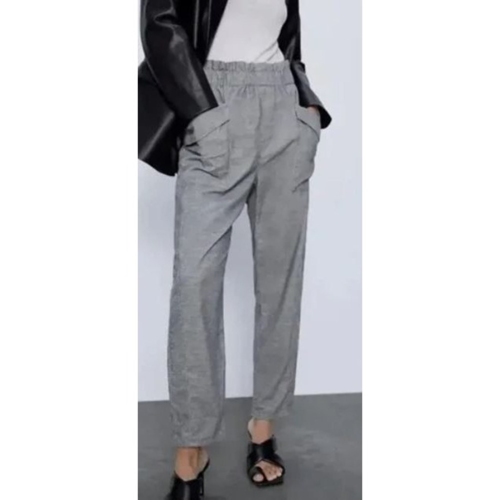Zara Women L Gray Paperbag Waist Cotton Corduroy Tapered Utility Pants Lined